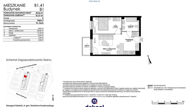 Rzut - Mieszkanie na sprzedaż 2 pokoje o powierzchni 41,67 m² - numer B1.41 w Osiedle Chabrowe