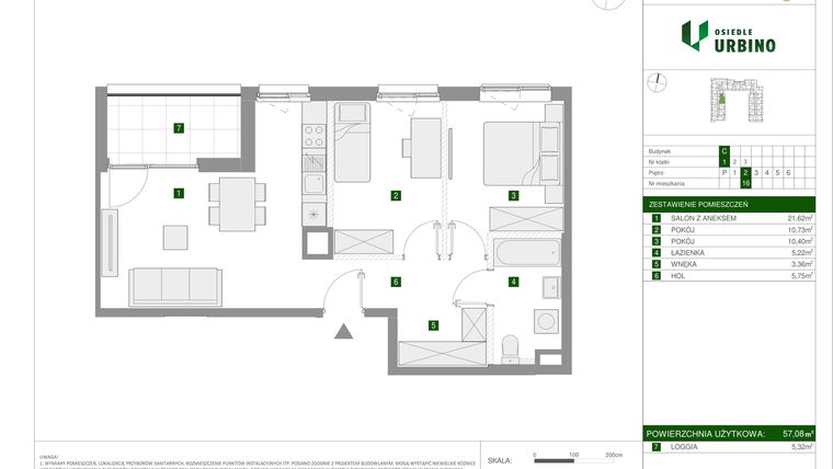 Rzut - Mieszkanie na sprzedaż 3 pokoje o powierzchni 57,08 m² - numer 1.3.C.16 w Osiedle Urbino