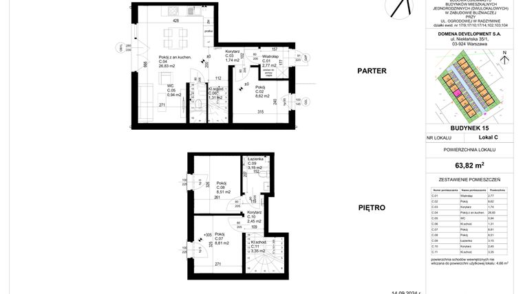 Rzut - Mieszkanie na sprzedaż 4 pokoje o powierzchni 63,82 m² - numer 15C w Osiedle Ogrodowa