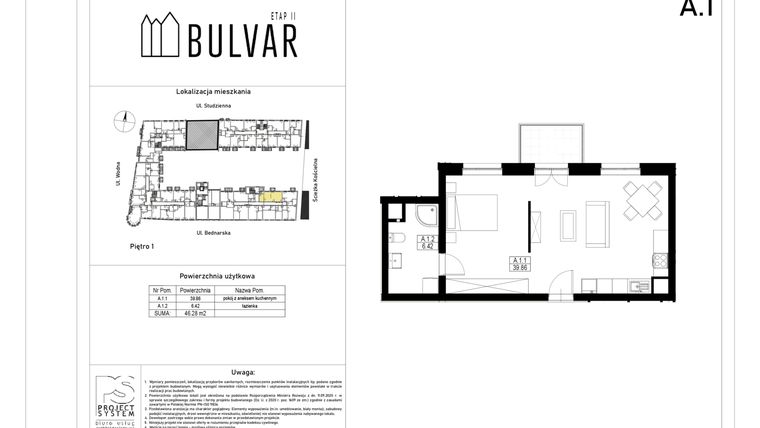 Rzut - Mieszkanie na sprzedaż 1 pokój o powierzchni 46,28 m² - numer A1 w Bulvar etap II
