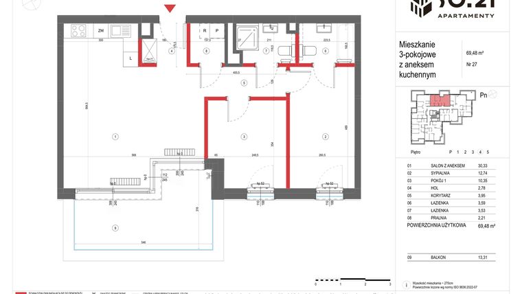 Rzut - Mieszkanie na sprzedaż 3 pokoje o powierzchni 69,48 m² - numer 27 w SO.21
