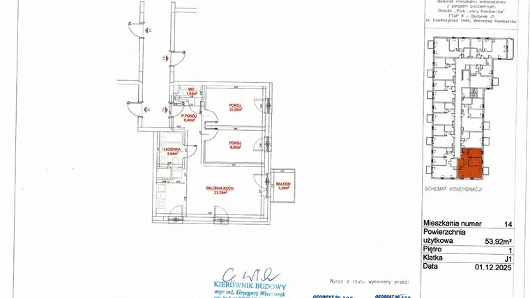 Rzut - Mieszkanie na sprzedaż 3 pokoje o powierzchni 53,92 m² - numer J1-14 w Park Leśny Rembertów etap VIII