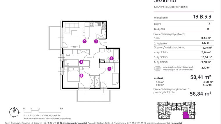 Rzut - Mieszkanie na sprzedaż 4 pokoje o powierzchni 58,84 m² - numer 13.B.3.3 w Murapol Siewierz Jeziorna