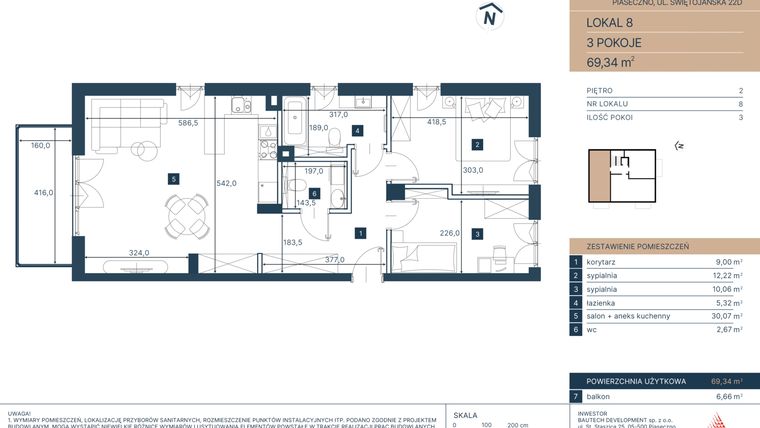 Rzut - Mieszkanie na sprzedaż 3 pokoje o powierzchni 69,34 m² - numer 8 w Classy Świętojańska