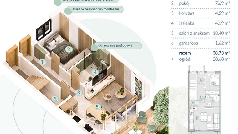 Rzut - Mieszkanie na sprzedaż 2 pokoje o powierzchni 38,73 m² - numer A.3.1 w Enklawa