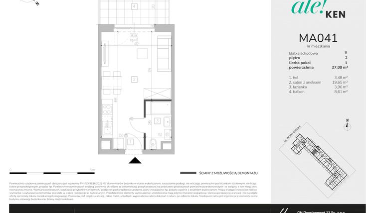 Rzut - Mieszkanie na sprzedaż 1 pokój o powierzchni 27,09 m² - numer MA041 w Ale!Ken
