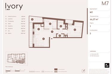 Rzut - Mieszkanie na sprzedaż 3 pokoje o powierzchni 64,27 m² - numer M07 w Ivory