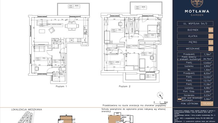 Rzut - Mieszkanie na sprzedaż 5 pokoi o powierzchni 120,42 m² - numer B5.M3 w Motława Garden