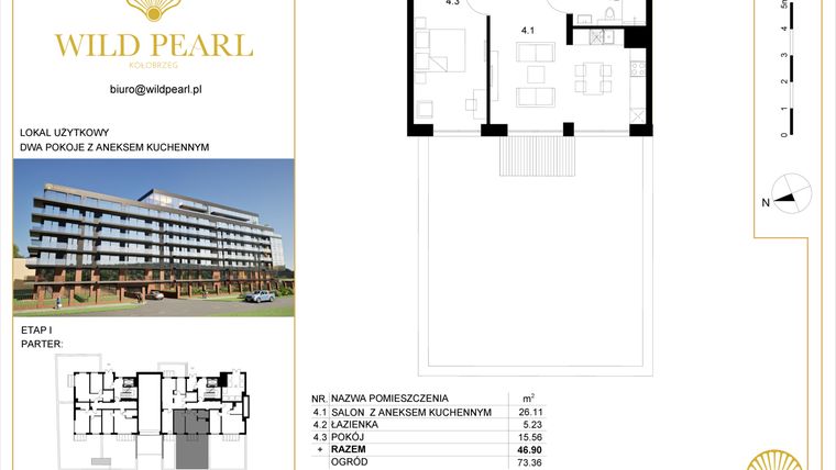 Rzut - Mieszkanie na sprzedaż 2 pokoje o powierzchni 46,9 m² - numer 0.4 w Wild Pearl - apartamenty inwestycyjne