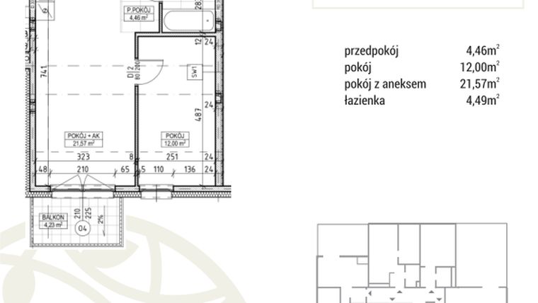 Rzut - Mieszkanie na sprzedaż 2 pokoje o powierzchni 42,52 m² - numer A3.03.22 w Zakątek Flora