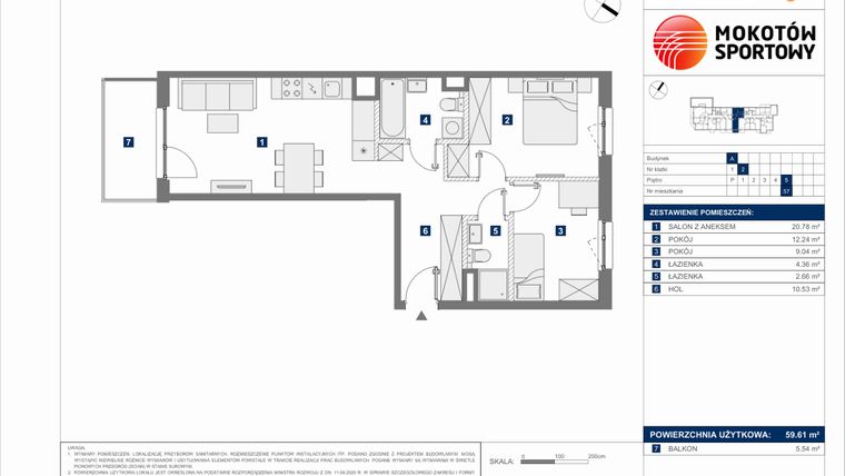 Rzut - Mieszkanie na sprzedaż 3 pokoje o powierzchni 59,61 m² - numer A.57 w Mokotów Sportowy