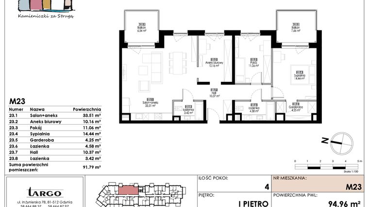 Rzut - Mieszkanie na sprzedaż 4 pokoje o powierzchni 91,79 m² - numer M23 w Kamieniczki za Strugą