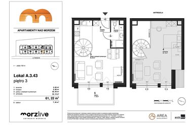 Rzut - Mieszkanie na sprzedaż 2 pokoje o powierzchni 61,22 m² - numer A.3.43 w Morzlive