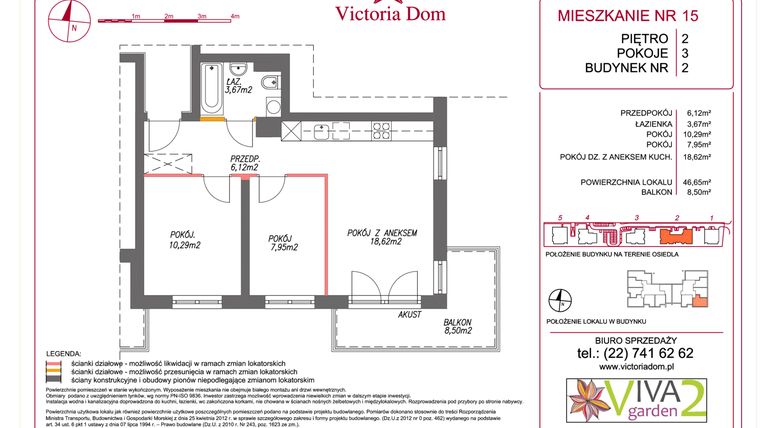 Rzut - Mieszkanie na sprzedaż 3 pokoje o powierzchni 46,65 m² - numer A/B/C.15 w Viva Garden