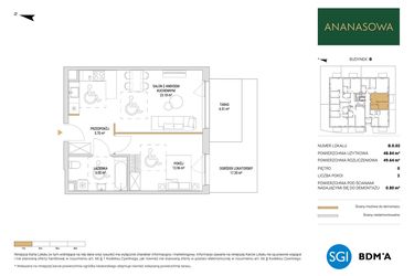Rzut - Mieszkanie na sprzedaż 2 pokoje o powierzchni 49,64 m² - numer B.0.02 w Ananasowa