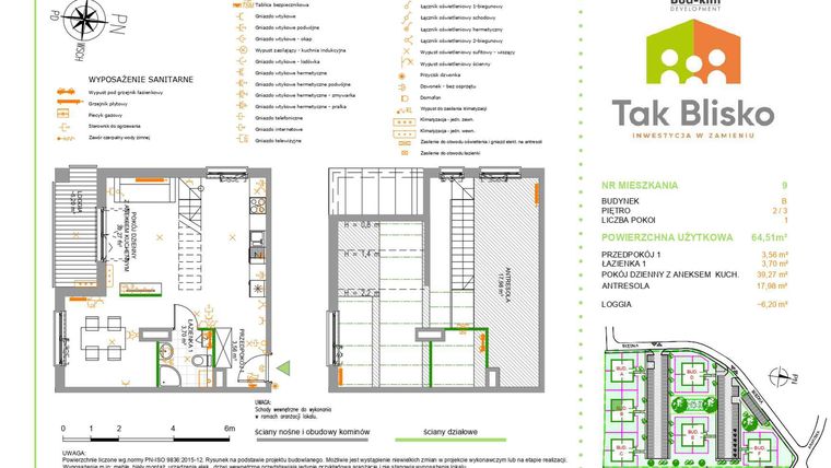 Rzut - Mieszkanie na sprzedaż 2 pokoje o powierzchni 64,51 m² - numer 9.B w Tak Blisko