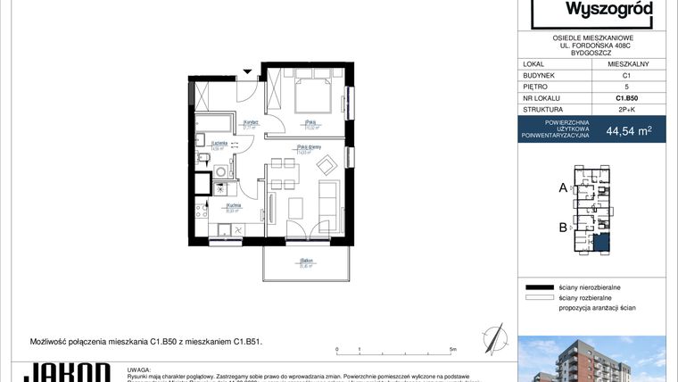 Rzut - Mieszkanie na sprzedaż 2 pokoje o powierzchni 44,54 m² - numer C1.B50 w Nowy Wyszogród etap II