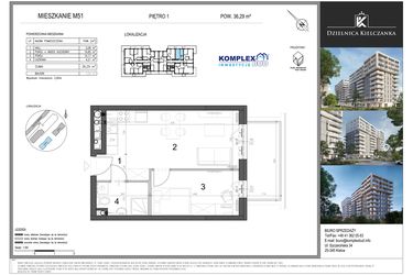 Rzut - Mieszkanie na sprzedaż 2 pokoje o powierzchni 36,29 m² - numer 51 w Dzielnica Kielczanka etap II