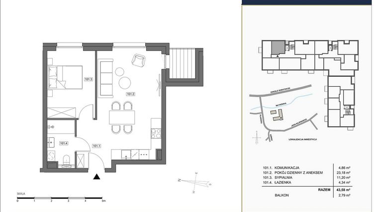 Rzut - Mieszkanie na sprzedaż 2 pokoje o powierzchni 43,58 m² - numer A.101 w Nowa Młynówka
