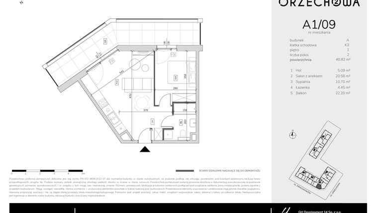 Rzut - Mieszkanie na sprzedaż 2 pokoje o powierzchni 40,82 m² - numer A1-09 w Orzechowa 2