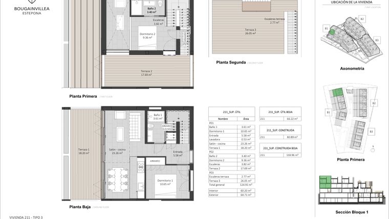 Rzut - Mieszkanie na sprzedaż 2 pokoje o powierzchni 60 m² - numer 211 w Bougainvillea - Estepona