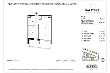 Rzut - Mieszkanie na sprzedaż 2 pokoje o powierzchni 38,96 m² - numer A.2.10 w Bałtycka Sea Park
