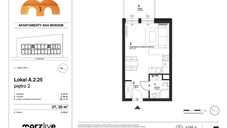 Rzut - Mieszkanie na sprzedaż 1 pokój o powierzchni 27,2 m² - numer A.2.25 w Morzlive