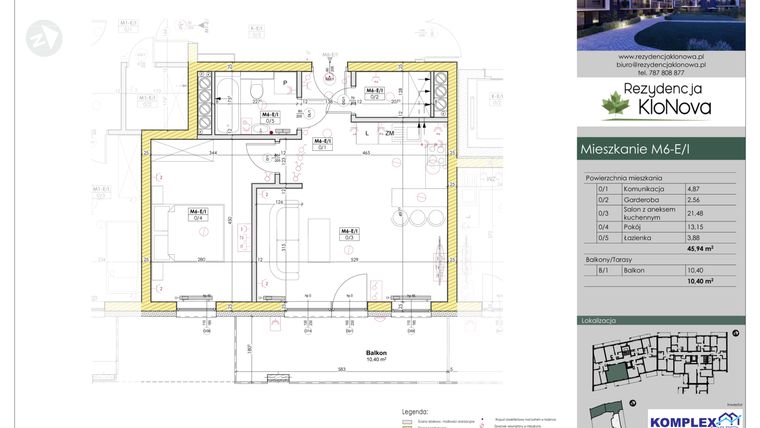 Rzut - Mieszkanie na sprzedaż 2 pokoje o powierzchni 45,94 m² - numer M6-E/1 w Rezydencja Klonowa