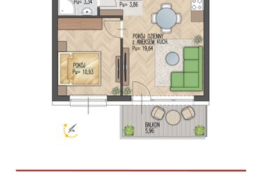 Rzut - Mieszkanie na sprzedaż 2 pokoje o powierzchni 37,77 m² - numer 29 w Enklawa Starosielce