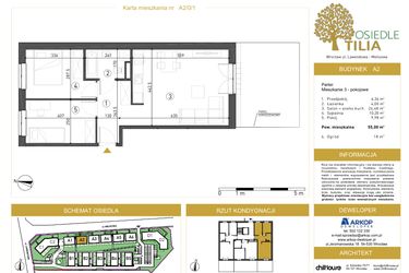 Rzut - Mieszkanie na sprzedaż 3 pokoje o powierzchni 55 m² - numer A2/0/1 w Osiedle Tilia