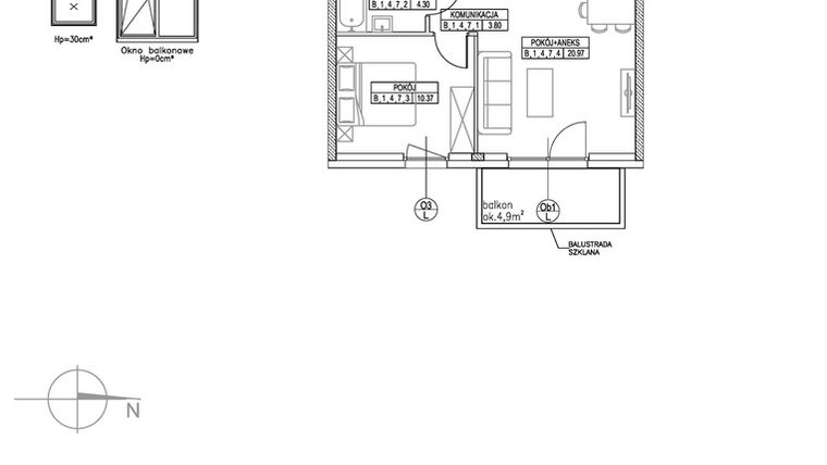 Rzut - Mieszkanie na sprzedaż 2 pokoje o powierzchni 39,44 m² - numer B.1.4.7 w Forma II