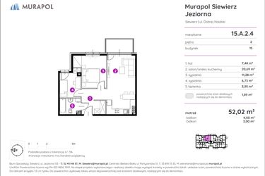 Rzut - Mieszkanie na sprzedaż 3 pokoje o powierzchni 52,63 m² - numer 15.A.2.4 w Murapol Siewierz Jeziorna
