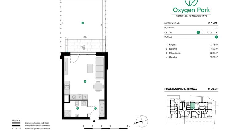 Rzut - Mieszkanie na sprzedaż 1 pokój o powierzchni 31,43 m² - numer E.0.M09 w Oxygen Park etap III