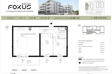 Rzut - Mieszkanie na sprzedaż 3 pokoje o powierzchni 63,88 m² - numer B1-8 w Fokus Bielany
