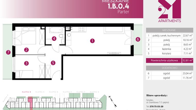 Rzut - Mieszkanie na sprzedaż 3 pokoje o powierzchni 52,81 m² - numer 1.B.0.4 w 2M Apartments etap IV