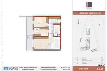 Rzut - Mieszkanie na sprzedaż 3 pokoje o powierzchni 62,91 m² - numer B.M.08 w Łódzka Osiedle