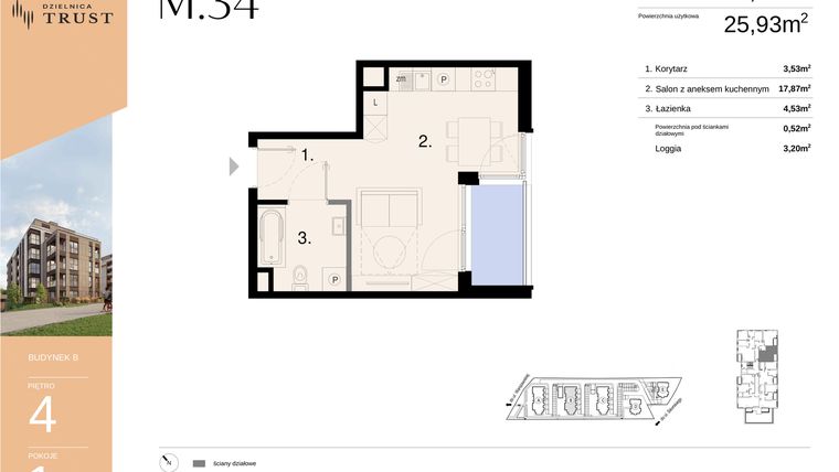 Rzut - Mieszkanie na sprzedaż 1 pokój o powierzchni 26,45 m² - numer B - M.34 w Dzielnica Trust - etap I