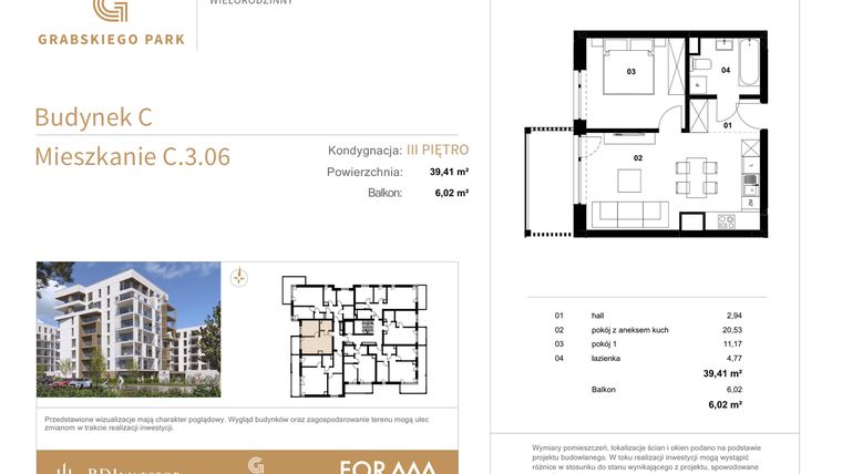 Rzut - Mieszkanie na sprzedaż 2 pokoje o powierzchni 39,41 m² - numer C.3.06 w Grabskiego Park