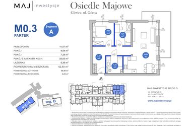 Rzut - Mieszkanie na sprzedaż 3 pokoje o powierzchni 60,55 m² - numer M0.3 w Osiedle Majowe 2.0 etap II