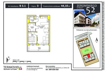 Rzut - Mieszkanie na sprzedaż 2 pokoje o powierzchni 44,1 m² - numer B 3.1 w Żeromskiego Street 52