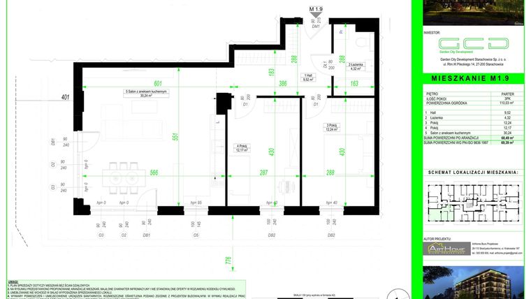 Rzut - Mieszkanie na sprzedaż 3 pokoje o powierzchni 68,49 m² - numer 1.9. w City Park Apartments