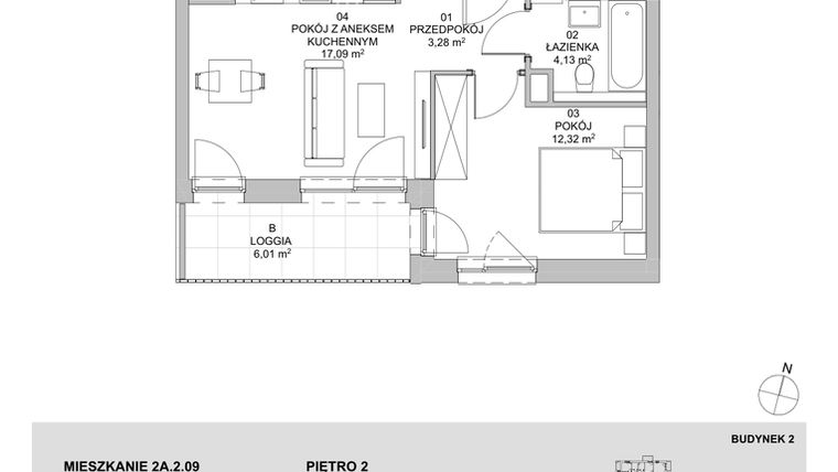 Rzut - Mieszkanie na sprzedaż 2 pokoje o powierzchni 36,82 m² - numer 2A.2.09 w Francuska Park VIIIA