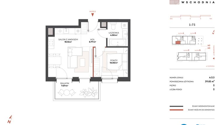 Rzut - Mieszkanie na sprzedaż 2 pokoje o powierzchni 39,85 m² - numer A.2.3 w Drucianka Wschodnia