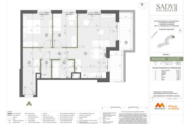 Rzut - Mieszkanie na sprzedaż 3 pokoje o powierzchni 71,07 m² - numer F2.A.01.03 w Sady Żoliborz II