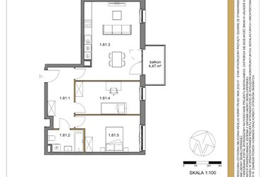 Rzut - Mieszkanie na sprzedaż 3 pokoje o powierzchni 69,47 m² - numer 81 w Osiedle Sfera etap II