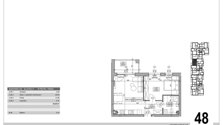 Rzut - Mieszkanie na sprzedaż 2 pokoje o powierzchni 43,2 m² - numer A.9.M.48 w Sobola Biel A9