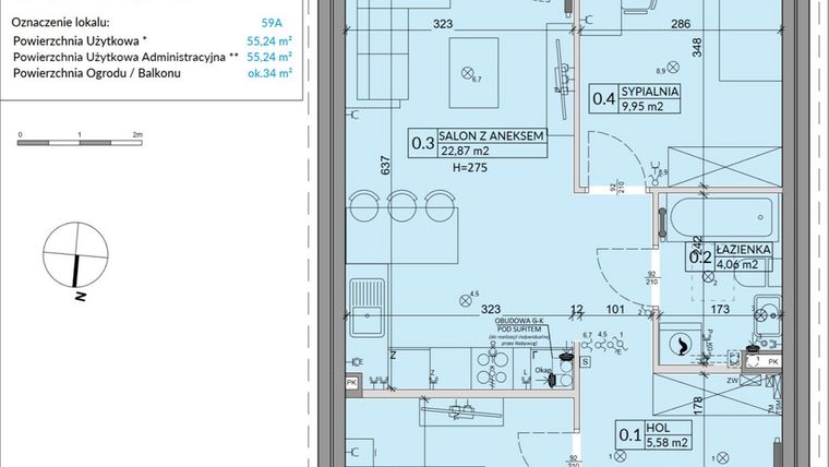 Rzut - Mieszkanie na sprzedaż 3 pokoje o powierzchni 55,24 m² - numer 59A w Osiedle Młodych etap IX