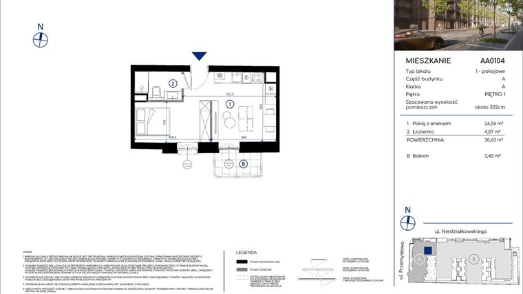 Rzut - Mieszkanie na sprzedaż 1 pokój o powierzchni 30,63 m² - numer AA0104 w Niedziałkowskiego Park
