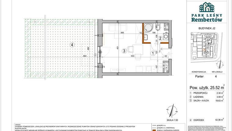 Rzut - Mieszkanie na sprzedaż 1 pokój o powierzchni 25,52 m² - numer J2-4 w Park Leśny Rembertów etap VIII