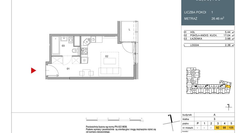 Rzut - Mieszkanie na sprzedaż 1 pokój o powierzchni 26,46 m² - numer 98 w Morwowa 5